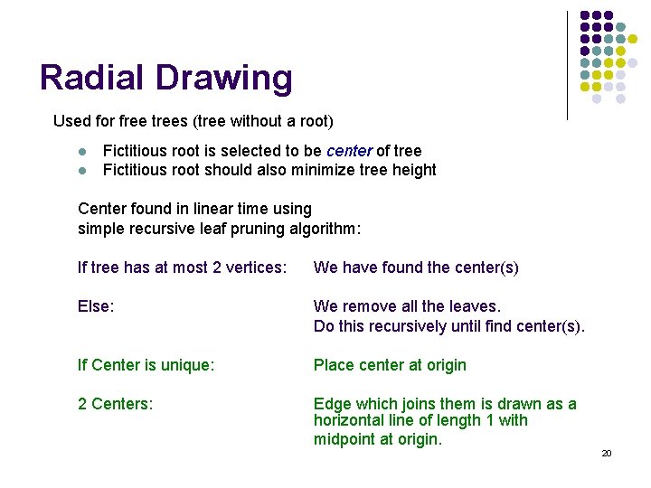 Radial Drawing Used for free trees (tree without a root) l l Fictitious root