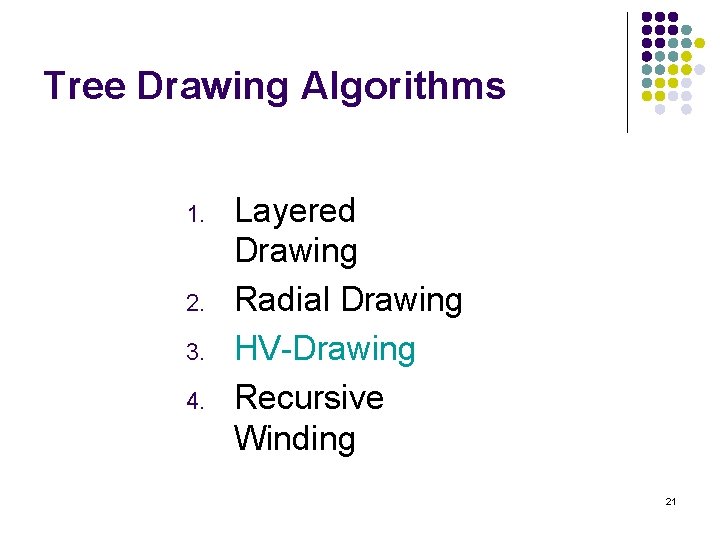 Tree Drawing Algorithms 1. 2. 3. 4. Layered Drawing Radial Drawing HV-Drawing Recursive Winding