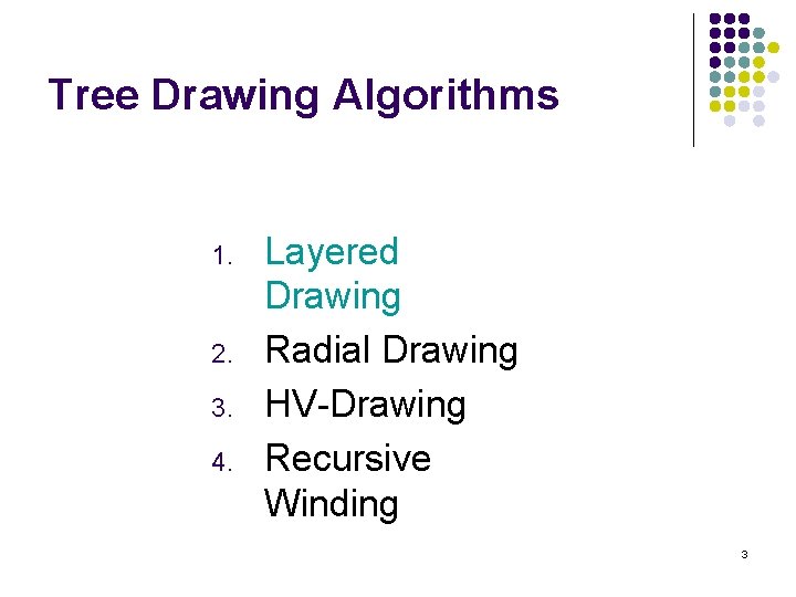 Tree Drawing Algorithms 1. 2. 3. 4. Layered Drawing Radial Drawing HV-Drawing Recursive Winding