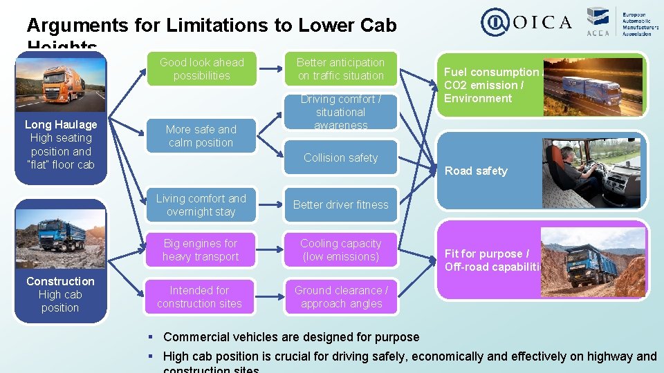 Arguments for Limitations to Lower Cab Heights Good look ahead possibilities Long Haulage High Arguments for Limitations to Lower Cab Heights Good look ahead possibilities Long Haulage High