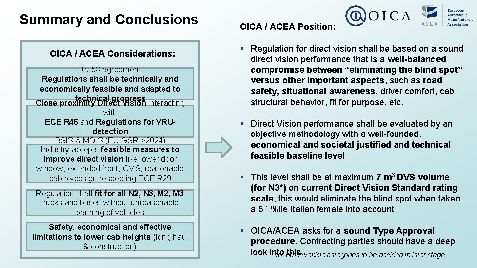 Summary and Conclusions OICA / ACEA Considerations: UN 58 agreement: Regulations shall be technically Summary and Conclusions OICA / ACEA Considerations: UN 58 agreement: Regulations shall be technically