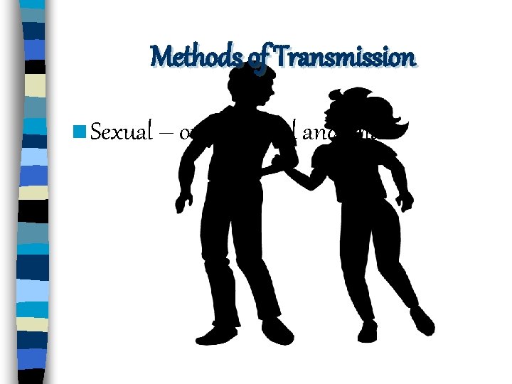 Methods of Transmission n Sexual – oral, vaginal and anal 