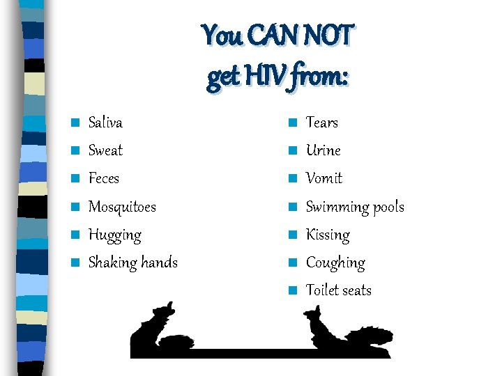 You CAN NOT get HIV from: n n n Saliva Sweat Feces Mosquitoes Hugging