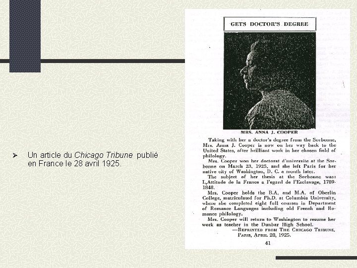  Un article du Chicago Tribune publié en France le 28 avril 1925. 