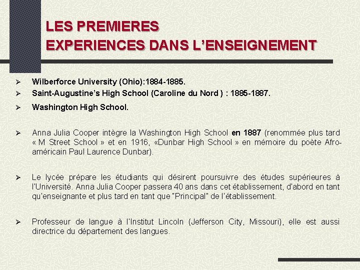 LES PREMIERES EXPERIENCES DANS L’ENSEIGNEMENT Wilberforce University (Ohio): 1884 -1885. Saint-Augustine’s High School (Caroline