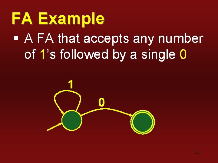 FA Example § A FA that accepts any number of 1’s followed by a