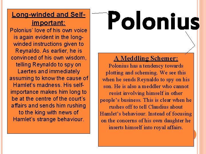 Long-winded and Selfimportant: Polonius’ love of his own voice is again evident in the