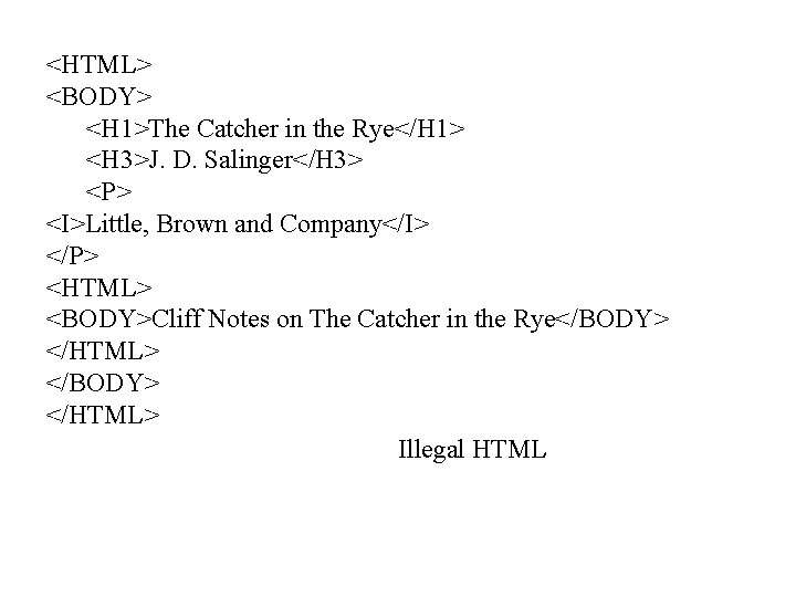 <HTML> <BODY> <H 1>The Catcher in the Rye</H 1> <H 3>J. D. Salinger</H 3>