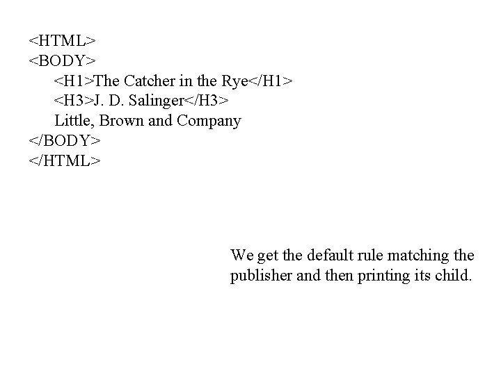 <HTML> <BODY> <H 1>The Catcher in the Rye</H 1> <H 3>J. D. Salinger</H 3>