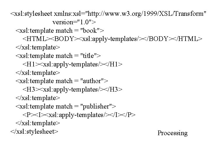 <xsl: stylesheet xmlns: xsl="http: //www. w 3. org/1999/XSL/Transform" version="1. 0"> <xsl: template match =
