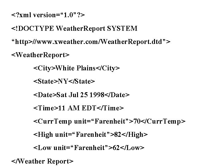 <? xml version=“ 1. 0”? > <!DOCTYPE Weather. Report SYSTEM “http>//www. xweather. com/Weather. Report.