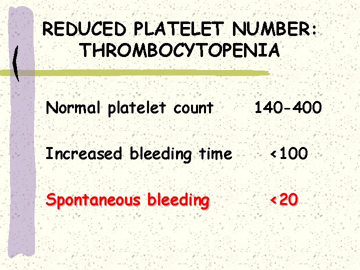 REDUCED PLATELET NUMBER: THROMBOCYTOPENIA Normal platelet count 140 -400 Increased bleeding time <100 Spontaneous