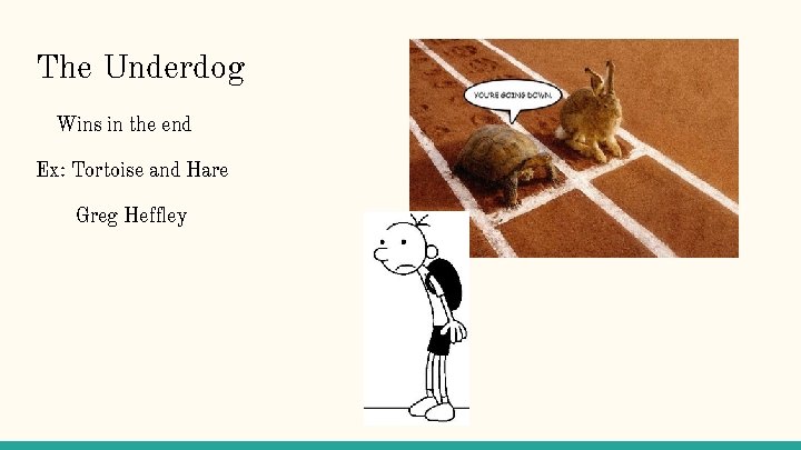 The Underdog Wins in the end Ex: Tortoise and Hare Greg Heffley 