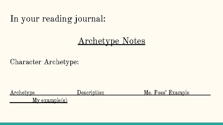 In your reading journal: Archetype Notes Character Archetype: Archetype My example(s) Description Ms. Foss’