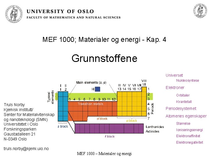 MEF 1000; Materialer og energi - Kap. 4 Grunnstoffene Universet Nukleosyntese Elektroner Orbitaler Kvantetall