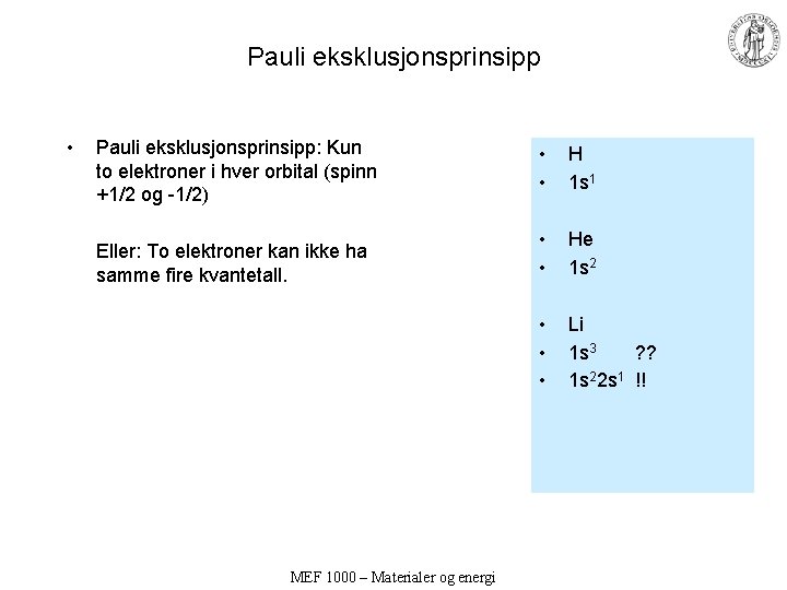 Pauli eksklusjonsprinsipp • Pauli eksklusjonsprinsipp: Kun to elektroner i hver orbital (spinn +1/2 og