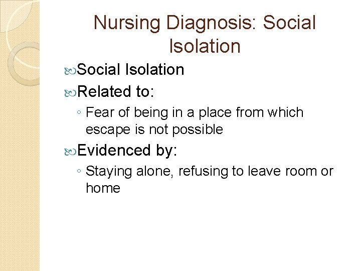 Nursing Diagnosis: Social Isolation Related to: ◦ Fear of being in a place from Nursing Diagnosis: Social Isolation Related to: ◦ Fear of being in a place from