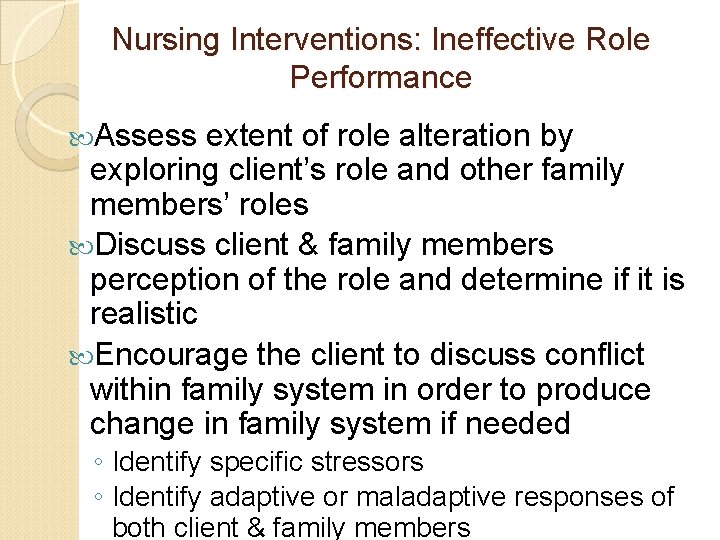 Nursing Interventions: Ineffective Role Performance Assess extent of role alteration by exploring client’s role Nursing Interventions: Ineffective Role Performance Assess extent of role alteration by exploring client’s role