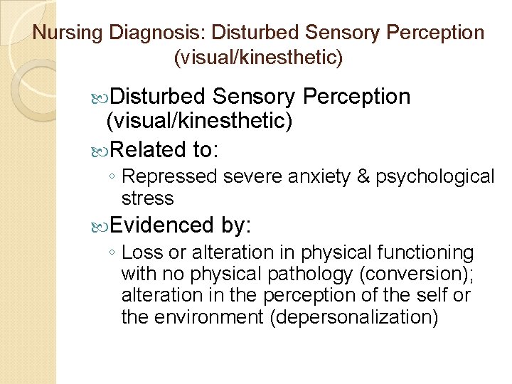 Nursing Diagnosis: Disturbed Sensory Perception (visual/kinesthetic) Related to: ◦ Repressed severe anxiety & psychological Nursing Diagnosis: Disturbed Sensory Perception (visual/kinesthetic) Related to: ◦ Repressed severe anxiety & psychological