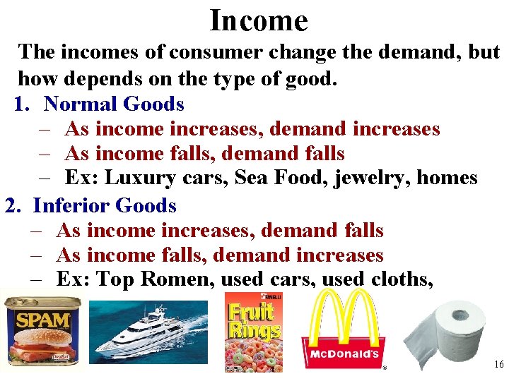 Income The incomes of consumer change the demand, but how depends on the type