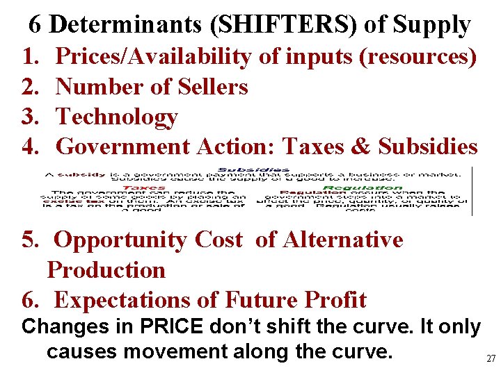 6 Determinants (SHIFTERS) of Supply 1. Prices/Availability of inputs (resources) 2. Number of Sellers