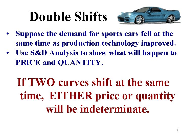 Double Shifts • Suppose the demand for sports cars fell at the same time
