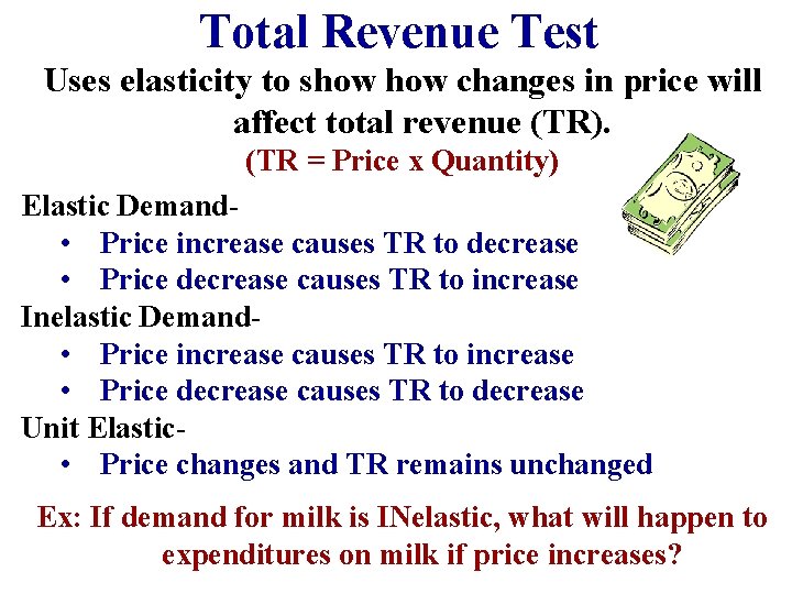 Total Revenue Test Uses elasticity to show changes in price will affect total revenue