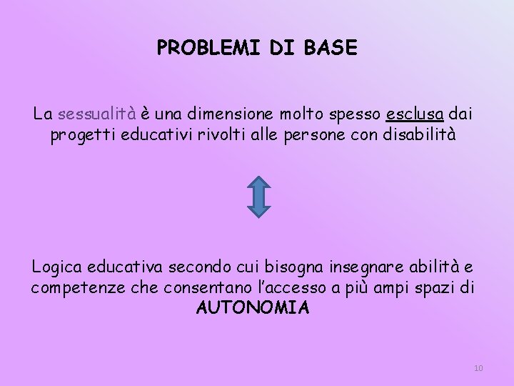 PROBLEMI DI BASE La sessualità è una dimensione molto spesso esclusa dai progetti educativi