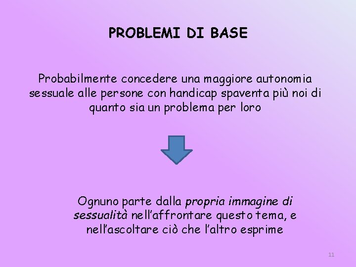 PROBLEMI DI BASE Probabilmente concedere una maggiore autonomia sessuale alle persone con handicap spaventa