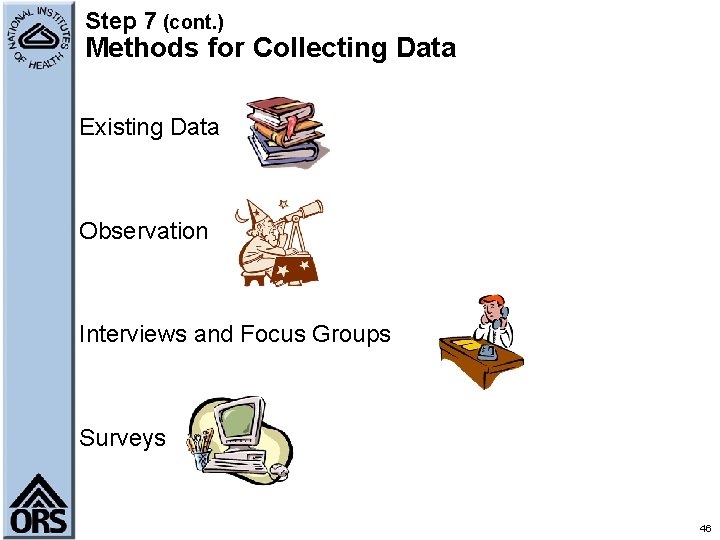 Step 7 (cont. ) Methods for Collecting Data Existing Data Observation Interviews and Focus