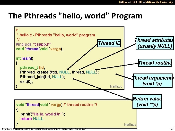 Killian – CSCI 380 – Millersville University The Pthreads "hello, world" Program /* *