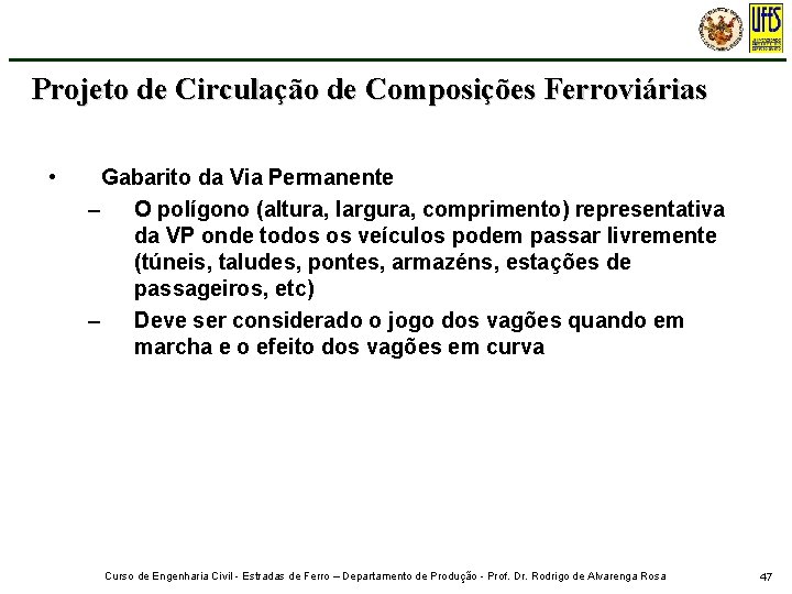 Projeto de Circulação de Composições Ferroviárias • Gabarito da Via Permanente – O polígono