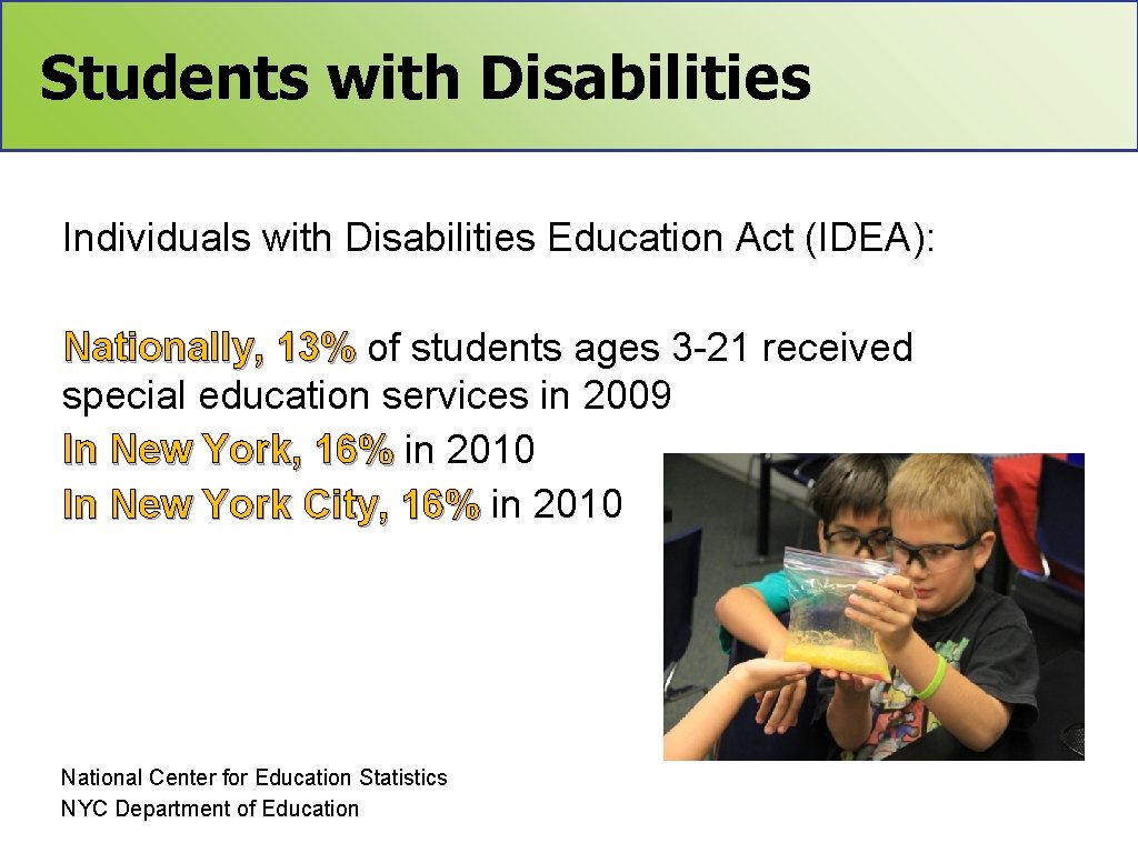 Students with Disabilities Individuals with Disabilities Education Act (IDEA): Nationally, 13% of students ages
