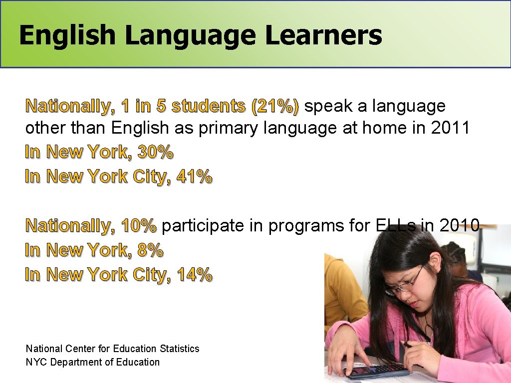 English Language Learners Nationally, 1 in 5 students (21%) speak a language other than