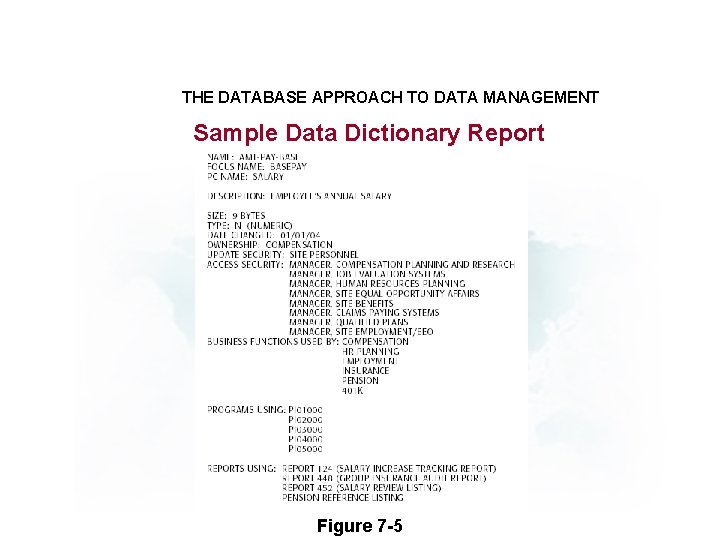 THE DATABASE APPROACH TO DATA MANAGEMENT Sample Data Dictionary Report Figure 7 -5 