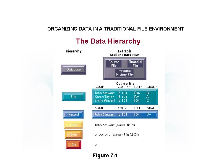 ORGANIZING DATA IN A TRADITIONAL FILE ENVIRONMENT The Data Hierarchy Figure 7 -1 