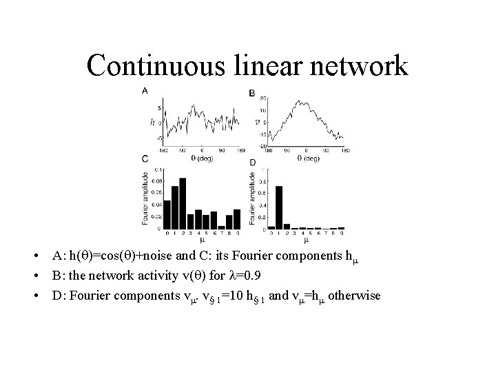 Continuous linear network • A: h(q)=cos(q)+noise and C: its Fourier components hm • B: