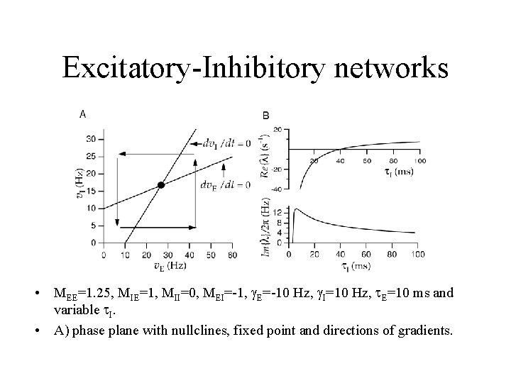 Excitatory-Inhibitory networks • MEE=1. 25, MIE=1, MII=0, MEI=-1, g. E=-10 Hz, g. I=10 Hz,