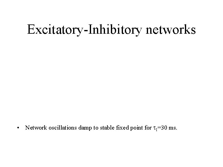 Excitatory-Inhibitory networks • Network oscillations damp to stable fixed point for t. I=30 ms.