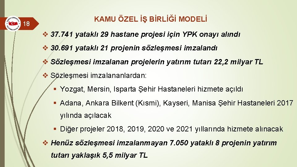 18 KAMU ÖZEL İŞ BİRLİĞİ MODELİ v 37. 741 yataklı 29 hastane projesi için