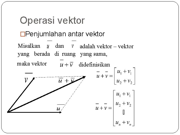 Operasi vektor �Penjumlahan antar vektor Misalkan dan adalah vektor – vektor yang berada di