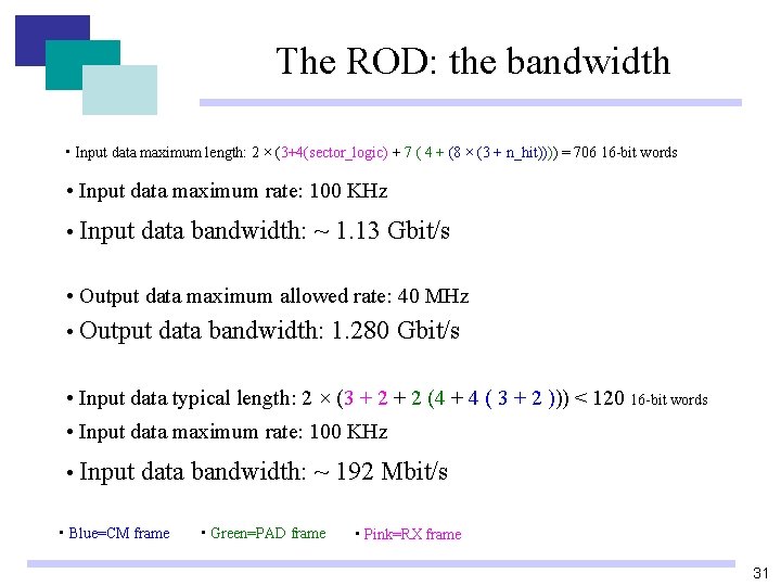 The ROD: the bandwidth • Input data maximum length: 2 × (3+4(sector_logic) + 7 The ROD: the bandwidth • Input data maximum length: 2 × (3+4(sector_logic) + 7