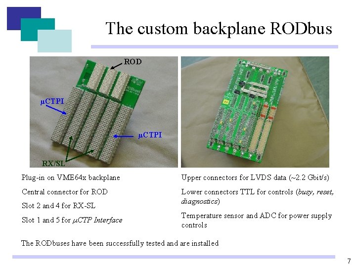 The custom backplane RODbus ROD µCTPI RX/SL Plug-in on VME 64 x backplane Upper The custom backplane RODbus ROD µCTPI RX/SL Plug-in on VME 64 x backplane Upper