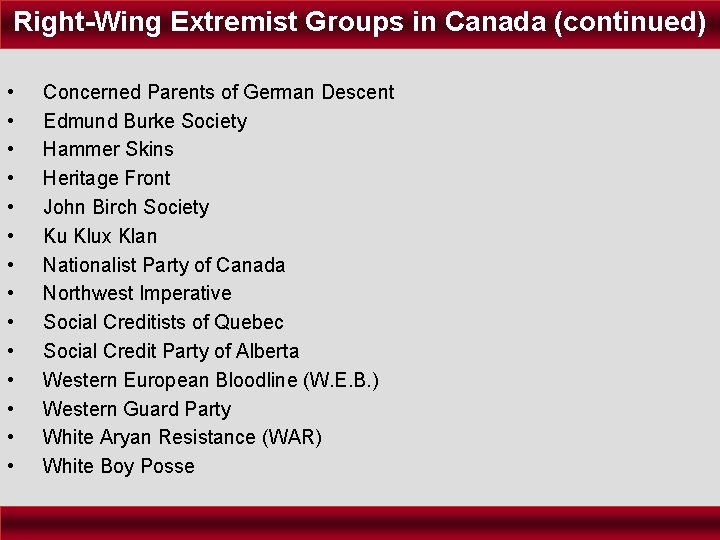 Right-Wing Extremist Groups in Canada (continued) • • • • Concerned Parents of German