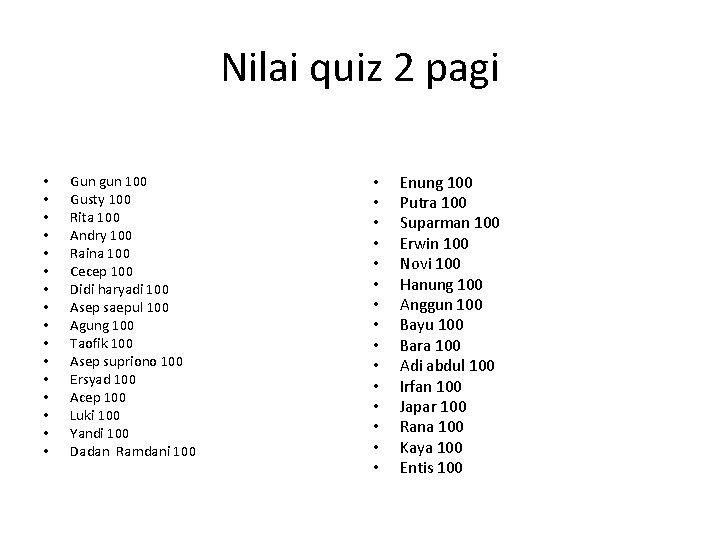 Nilai quiz 2 pagi • • • • Gun gun 100 Gusty 100 Rita