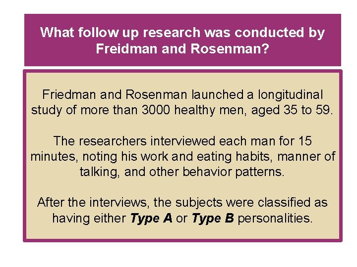 What follow up research was conducted by Freidman and Rosenman? Friedman and Rosenman launched What follow up research was conducted by Freidman and Rosenman? Friedman and Rosenman launched