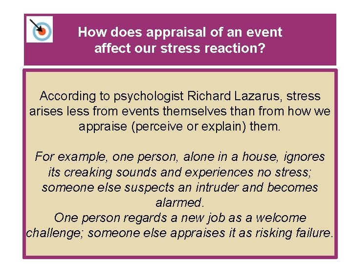 How does appraisal of an event affect our stress reaction? According to psychologist Richard How does appraisal of an event affect our stress reaction? According to psychologist Richard