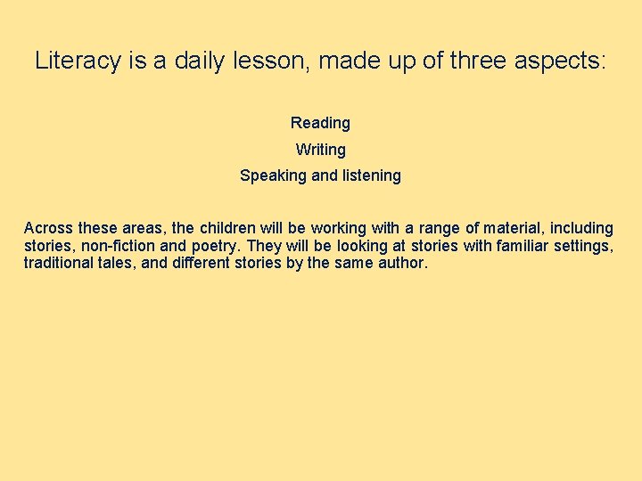 Literacy is a daily lesson, made up of three aspects: Reading Writing Speaking and