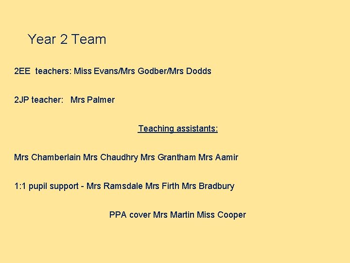 Year 2 Team 2 EE teachers: Miss Evans/Mrs Godber/Mrs Dodds 2 JP teacher: Mrs