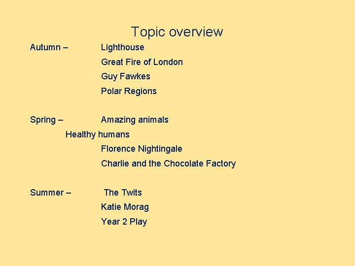 Topic overview Autumn – Lighthouse Great Fire of London Guy Fawkes Polar Regions Spring